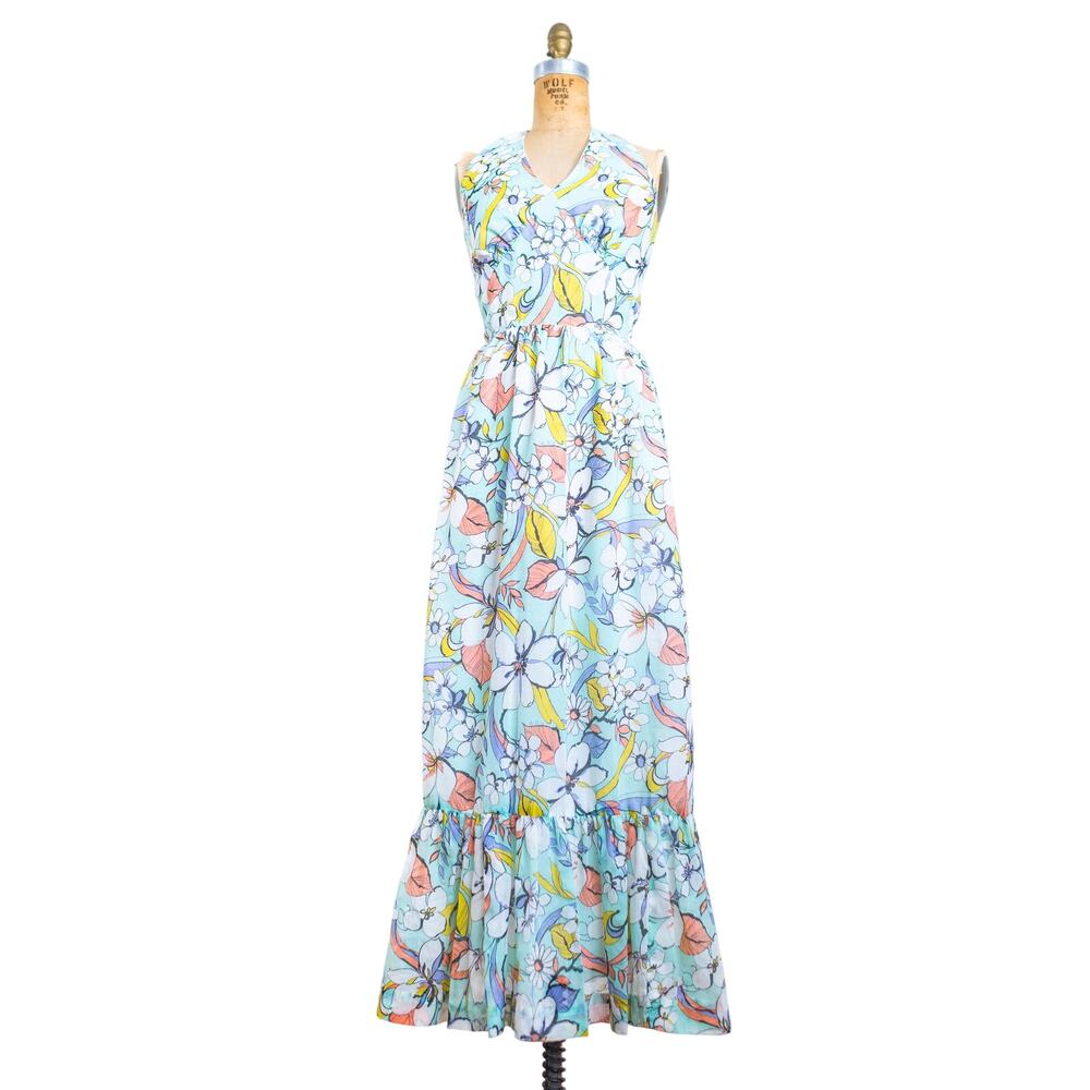 Vintage 70s Floral Boho Halter Maxi Dress Tropical Pastel Boho Beach Sundress, S